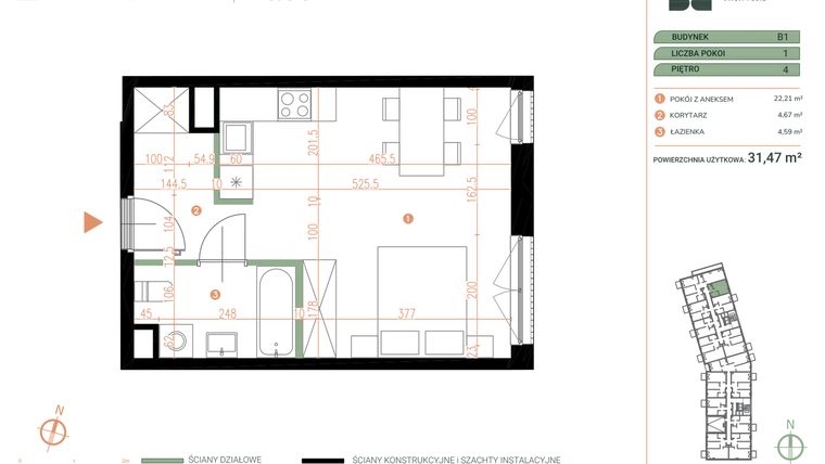 Rzut - Mieszkanie na sprzedaż 1 pokój o powierzchni 31,47 m² - numer M.04.14 w Casa Feliz Portowa II