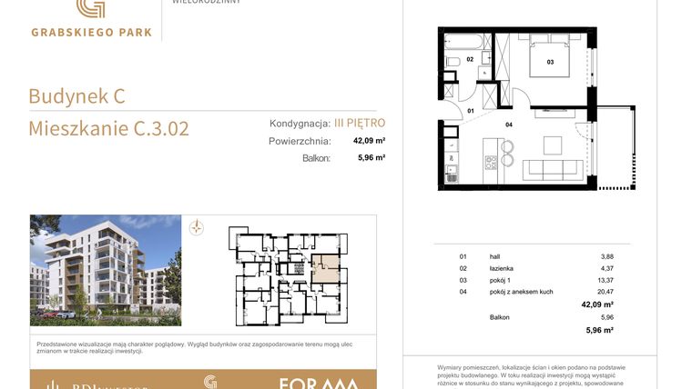 Rzut - Mieszkanie na sprzedaż 2 pokoje o powierzchni 42,09 m² - numer C.3.02 w Grabskiego Park