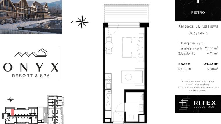 Rzut - Mieszkanie na sprzedaż 1 pokój o powierzchni 30,27 m² - numer NR 01.A12 w Onyx Resort & Spa