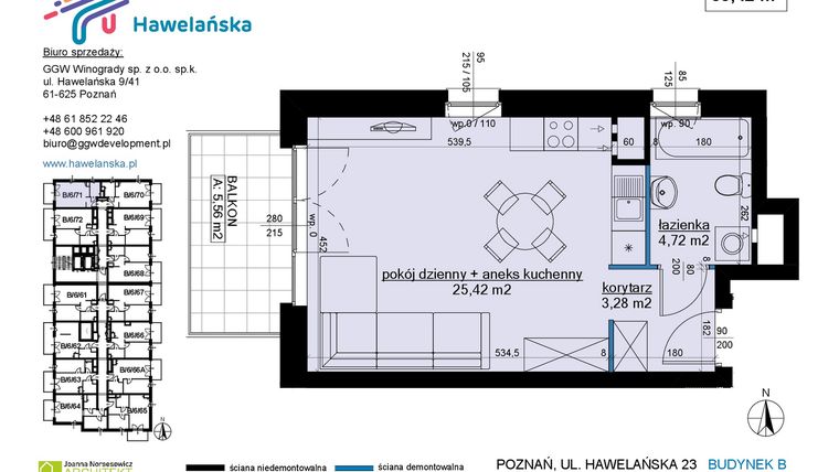 Rzut - Mieszkanie na sprzedaż 1 pokój o powierzchni 33,42 m² - numer B/6/71 w Osiedle Hawelańska etap III - bud. B