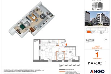 Rzut - Mieszkanie na sprzedaż 2 pokoje o powierzchni 45,82 m² - numer 1 w Bulwar bud. 2