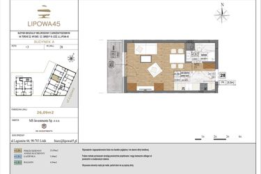 Rzut - Mieszkanie na sprzedaż 1 pokój o powierzchni 26,09 m² - numer A28 w Lipowa 45