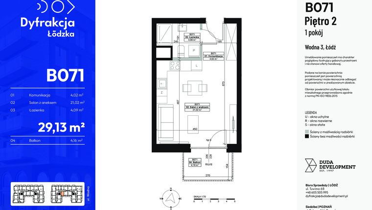 Rzut - Mieszkanie na sprzedaż 1 pokój o powierzchni 29,13 m² - numer B071 w Dyfrakcja Łódzka