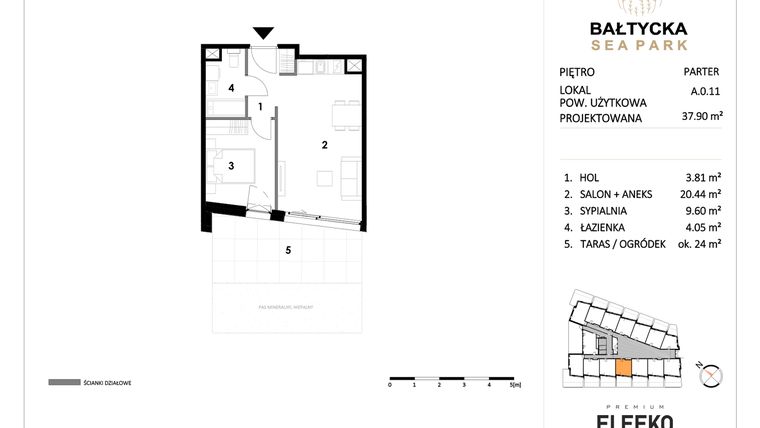 Rzut - Mieszkanie na sprzedaż 2 pokoje o powierzchni 37,9 m² - numer A.0.11 w Bałtycka Sea Park