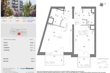 Rzut - Mieszkanie na sprzedaż 2 pokoje o powierzchni 42,31 m² - numer I-A53 w Industria etap I-A