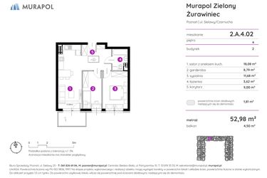 Rzut - Mieszkanie na sprzedaż 2 pokoje o powierzchni 52,96 m² - numer 2.A.4.02 w Murapol Zielony Żurawiniec