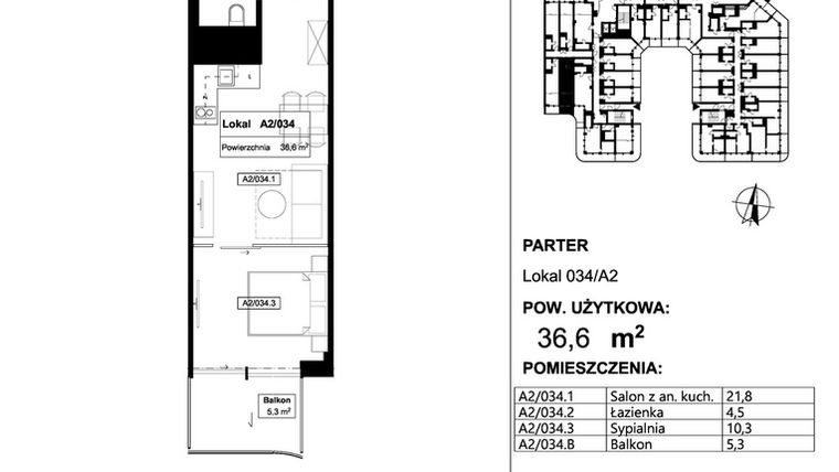 Rzut - Mieszkanie na sprzedaż 1 pokój o powierzchni 36,6 m² - numer 034 w Apollo Resort