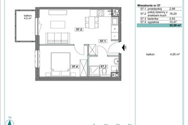Rzut - Mieszkanie na sprzedaż 2 pokoje o powierzchni 35,82 m² - numer D.57 w Osiedle Kościuszki etap II