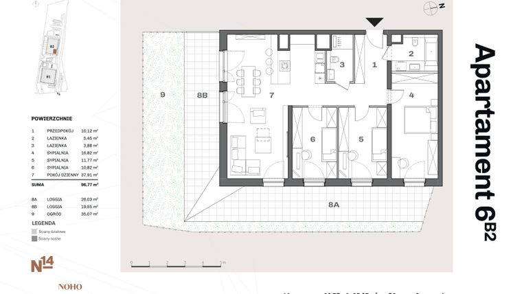Rzut - Mieszkanie na sprzedaż 4 pokoje o powierzchni 96,77 m² - numer B2.6 w Nadgórników 14