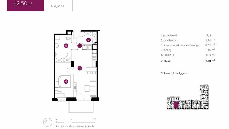 Rzut - Mieszkanie na sprzedaż 2 pokoje o powierzchni 42,58 m² - numer 1.B.5.04 w Murapol Urcity