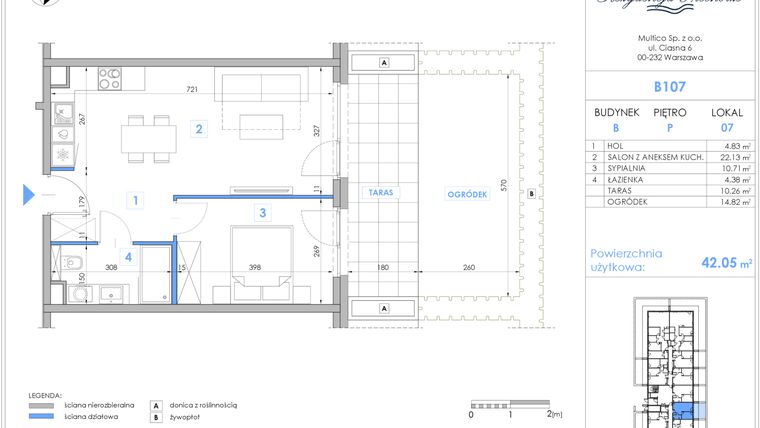 Rzut - Mieszkanie na sprzedaż 2 pokoje o powierzchni 41,97 m² - numer B107 w Rezydencja Niechorze II