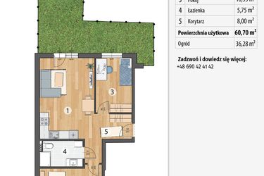 Rzut - Mieszkanie na sprzedaż 3 pokoje o powierzchni 60,7 m² - numer G1-02 w Smolec pod Wrocławem Dobry Deweloper Milo