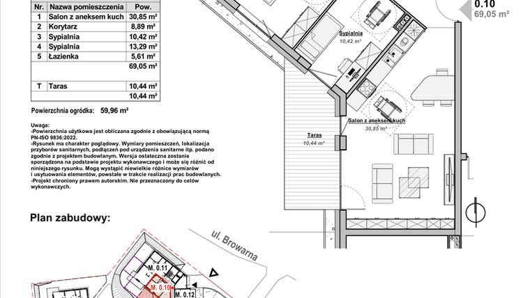 Rzut - Mieszkanie na sprzedaż 3 pokoje o powierzchni 69,05 m² - numer M0.10 w Bulwary Apartamenty