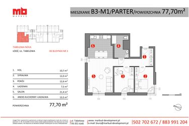 Rzut - Mieszkanie na sprzedaż 3 pokoje o powierzchni 77,7 m² - numer B3-M1 w Tabelowa NOVA