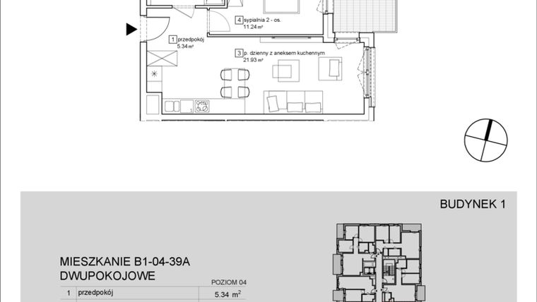 Rzut - Mieszkanie na sprzedaż 2 pokoje o powierzchni 43,08 m² - numer B1-04-39A w Francuska Park IX