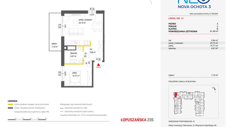 Rzut - Mieszkanie na sprzedaż 2 pokoje o powierzchni 41,48 m² - numer 34 w Neo Nova Ochota 3