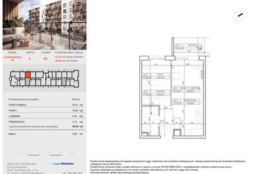 Rzut - Mieszkanie na sprzedaż 2 pokoje o powierzchni 36,42 m² - numer B15 w Symfonia - Chodkiewicza 9