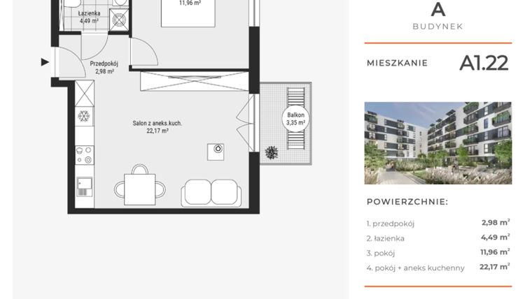 Rzut - Mieszkanie na sprzedaż 2 pokoje o powierzchni 41,58 m² - numer A1.22 w Enklawa Bukowa