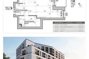 Rzut - Mieszkanie na sprzedaż 1 pokój o powierzchni 32,59 m² - numer 102 w Aleja