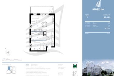 Rzut - Mieszkanie na sprzedaż 2 pokoje o powierzchni 50,31 m² - numer B2.K3.2 w Stocznia Residence