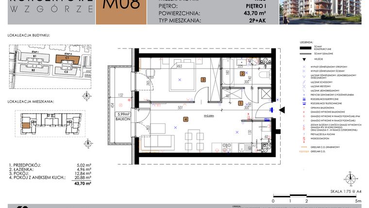 Rzut - Mieszkanie na sprzedaż 2 pokoje o powierzchni 43,7 m² - numer C1_M8 w Koncertowe Wzgórze etap II