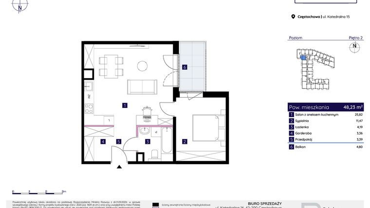 Rzut - Mieszkanie na sprzedaż 2 pokoje o powierzchni 48,23 m² - numer 15/51 w Osiedle Neonowe