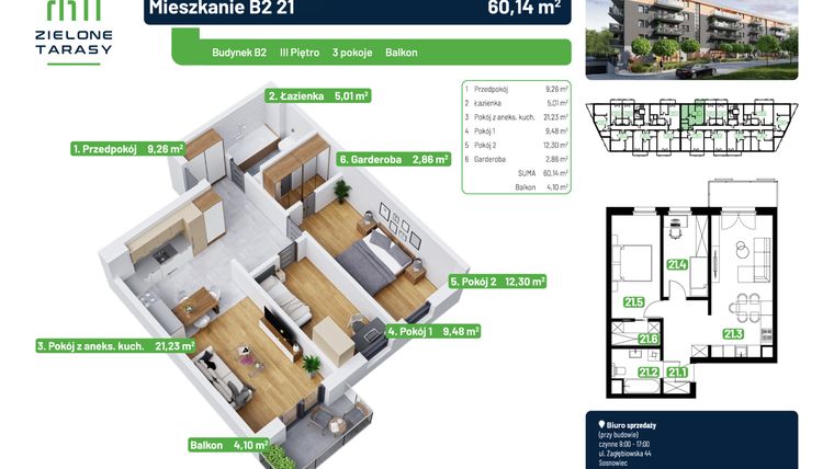 Rzut - Mieszkanie na sprzedaż 3 pokoje o powierzchni 60,14 m² - numer B2.21 w Zielone Tarasy