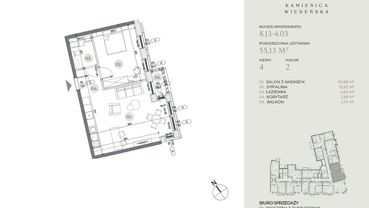 Rzut - Mieszkanie na sprzedaż 2 pokoje o powierzchni 55,68 m² - numer K13-4.03 w Kamienica Wiedeńska