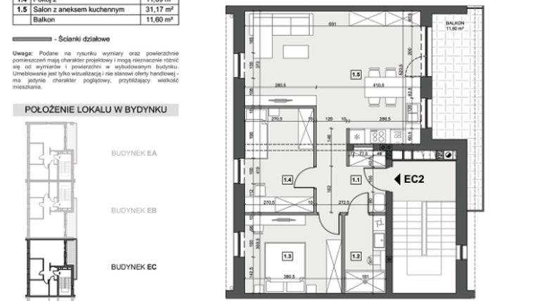 Rzut - Mieszkanie na sprzedaż 3 pokoje o powierzchni 66,56 m² - numer EC2 w Wzgórze Zelwerowicza