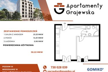 Rzut - Mieszkanie na sprzedaż 2 pokoje o powierzchni 40,13 m² - numer M-16 w Apartamenty Grajewska