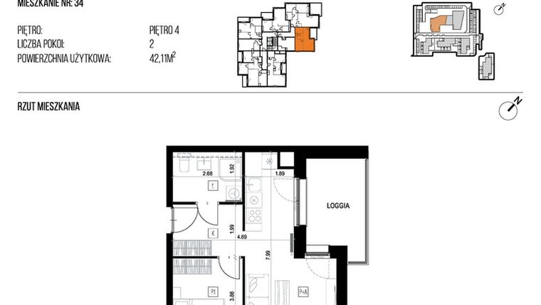 Rzut - Mieszkanie na sprzedaż 2 pokoje o powierzchni 42,11 m² - numer 22J/34 w NATURAMA II