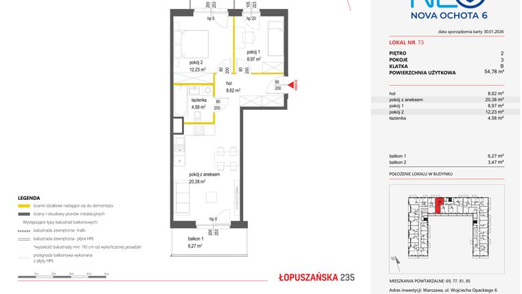 Rzut - Mieszkanie na sprzedaż 3 pokoje o powierzchni 54,78 m² - numer 73 w Neo Nova Ochota 6