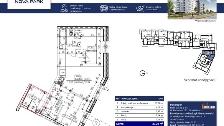 Rzut - Mieszkanie na sprzedaż 3 pokoje o powierzchni 39,11 m² - numer 77B w Nova Park etap II