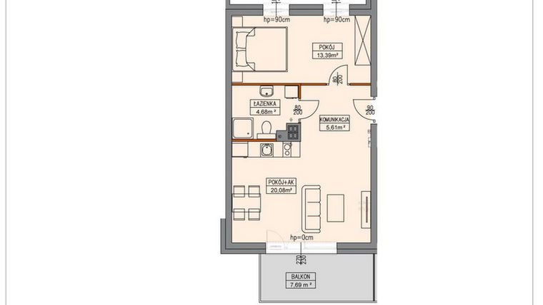 Rzut - Mieszkanie na sprzedaż 2 pokoje o powierzchni 43,94 m² - numer B1.1.11.2a w Stegna Park II