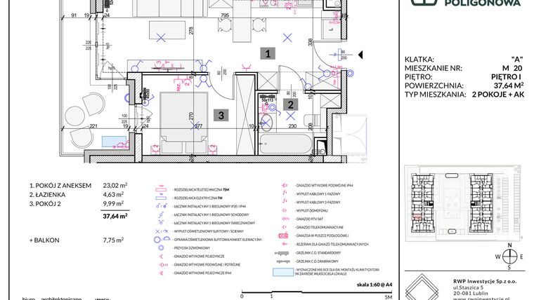 Rzut - Mieszkanie na sprzedaż 2 pokoje o powierzchni 37,64 m² - numer 20 w Apartamenty Poligonowa etap 5