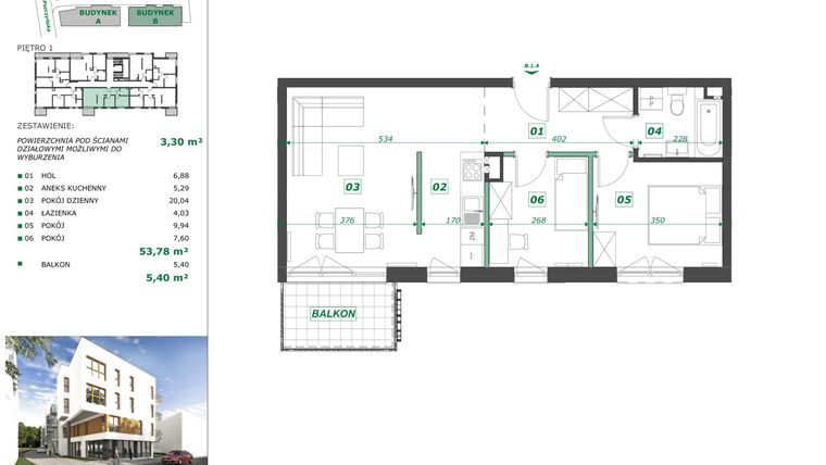 Rzut - Mieszkanie na sprzedaż 3 pokoje o powierzchni 55,45 m² - numer B.1.4 w Apartamenty Pszczyńska