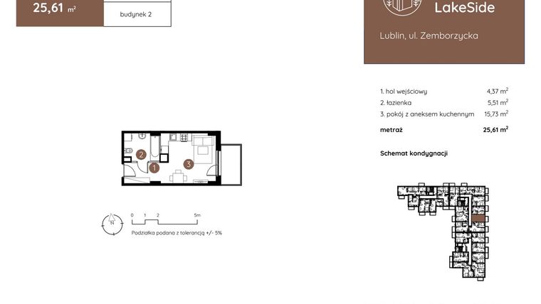 Rzut - Mieszkanie na sprzedaż 1 pokój o powierzchni 25,61 m² - numer 2.B.1.05 w Murapol LakeSide