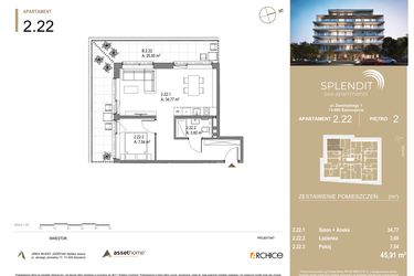 Rzut - Mieszkanie na sprzedaż 2 pokoje o powierzchni 45,91 m² - numer 2.22 w Splendit Świnoujście