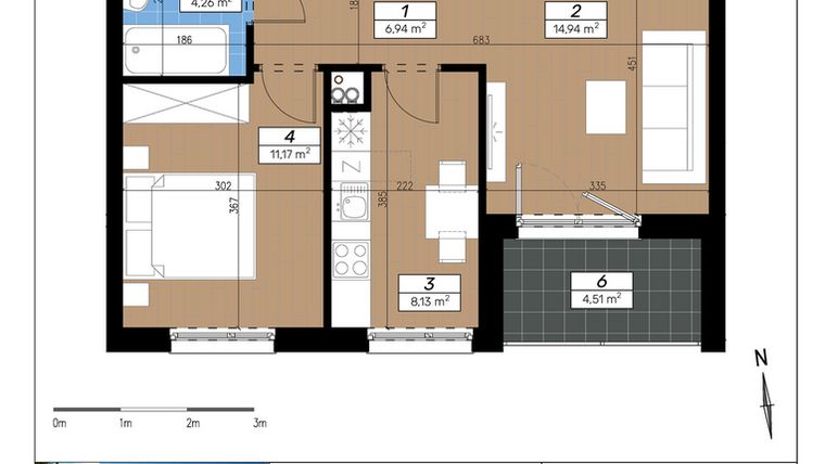Rzut - Mieszkanie na sprzedaż 2 pokoje o powierzchni 45,44 m² - numer E/1/3 w Limone