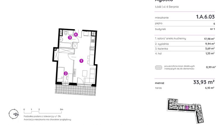 Rzut - Mieszkanie na sprzedaż 2 pokoje o powierzchni 33,86 m² - numer 1.A.6.03 w Murapol Agosto