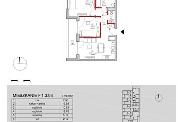 Rzut - Mieszkanie na sprzedaż 3 pokoje o powierzchni 60,78 m² - numer F.1.3.03 w ATAL SKY+ bud. D-F