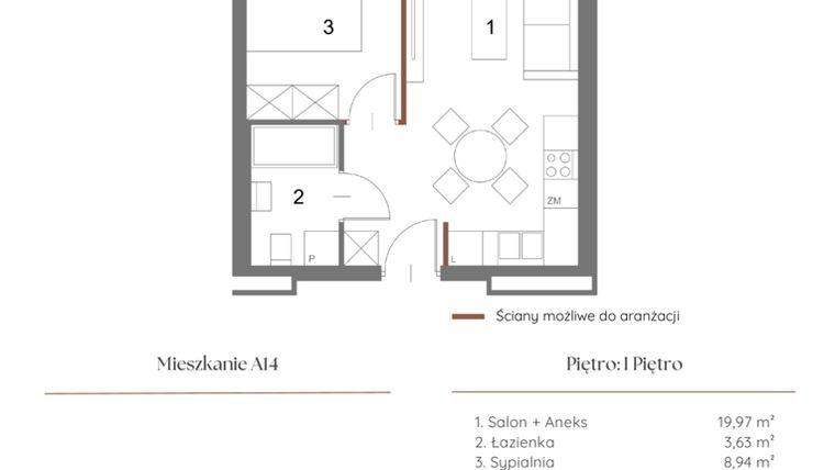Rzut - Mieszkanie na sprzedaż 1 pokój o powierzchni 33,1 m² - numer A14 w Dąbrowskiego 9