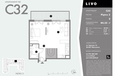 Rzut - Mieszkanie na sprzedaż 1 pokój o powierzchni 84,55 m² - numer C32 w Livo