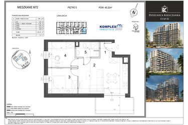 Rzut - Mieszkanie na sprzedaż 1 pokój o powierzchni 46,32 m² - numer M72 w Dzielnica Kielczanka etap III
