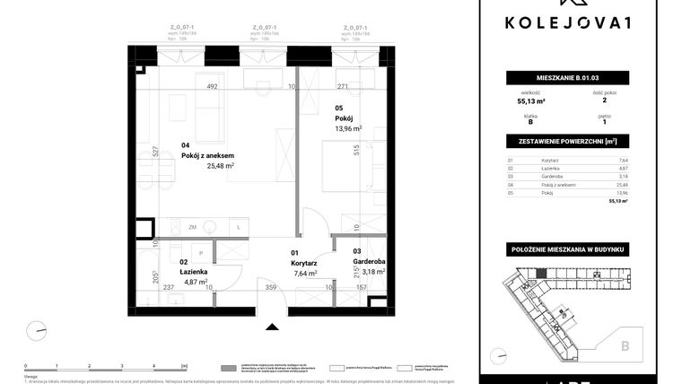Rzut - Mieszkanie na sprzedaż 2 pokoje o powierzchni 55,13 m² - numer B-01-03 w Kolejova 1