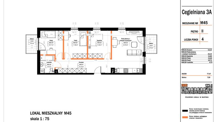 Rzut - Mieszkanie na sprzedaż 4 pokoje o powierzchni 77,47 m² - numer 45 w Osiedle StaLove etap II