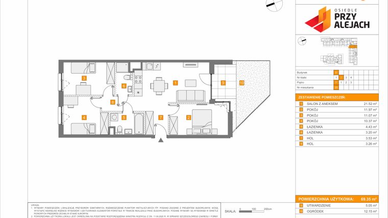 Rzut - Mieszkanie na sprzedaż 4 pokoje o powierzchni 69,35 m² - numer 3.1.D.25 w Osiedle przy Alejach etap 3