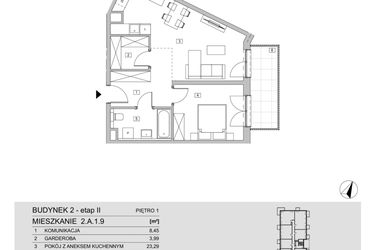 Rzut - Mieszkanie na sprzedaż 2 pokoje o powierzchni 53,67 m² - numer 2.A.1.9 w ATAL Apollina II