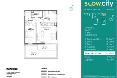 Rzut - Mieszkanie na sprzedaż 3 pokoje o powierzchni 62,42 m² - numer C2-61 w Slow City