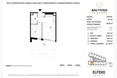 Rzut - Mieszkanie na sprzedaż 2 pokoje o powierzchni 38,28 m² - numer A.0.13 w Bałtycka Sea Park